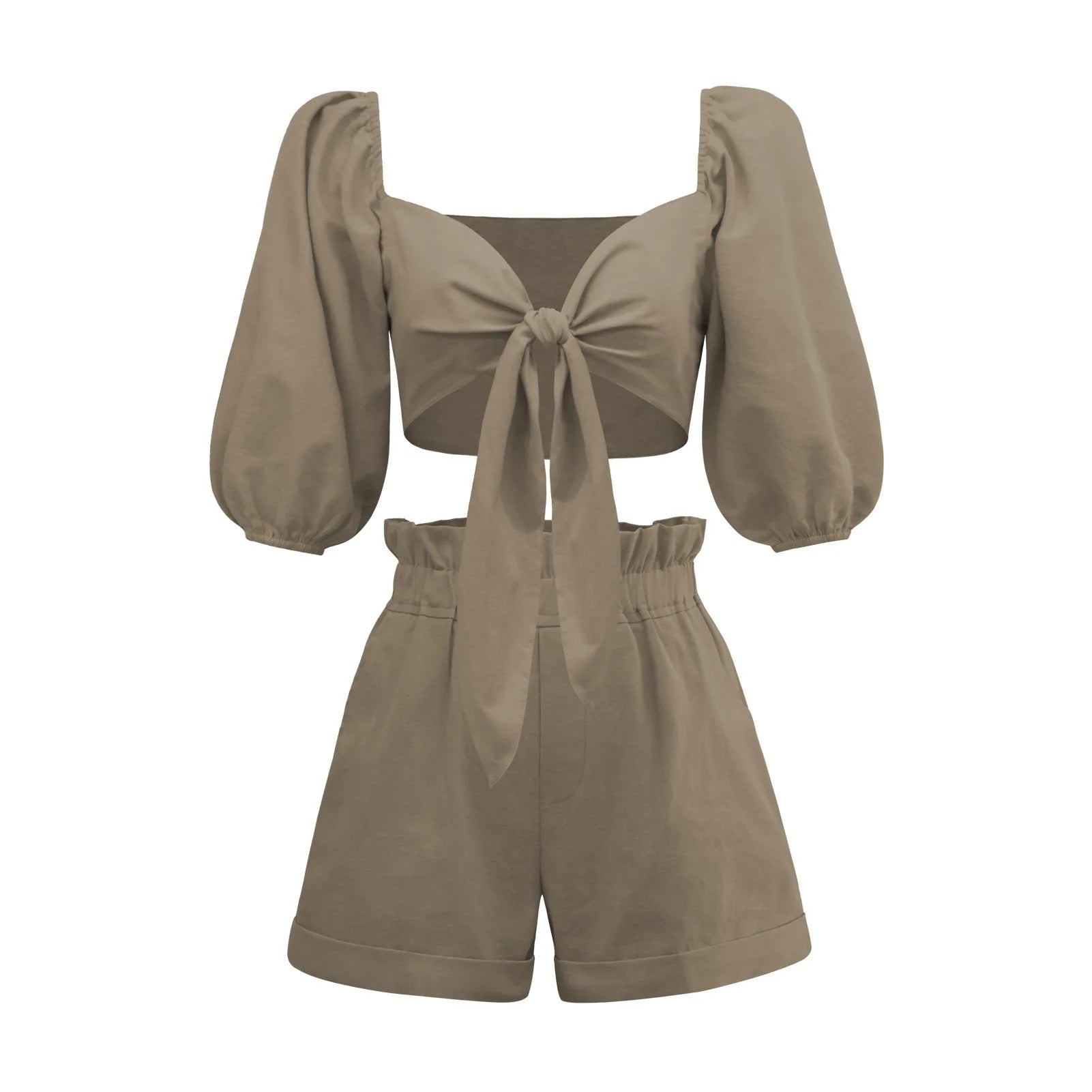  Linen Crop Top with Shorts Set Khaki