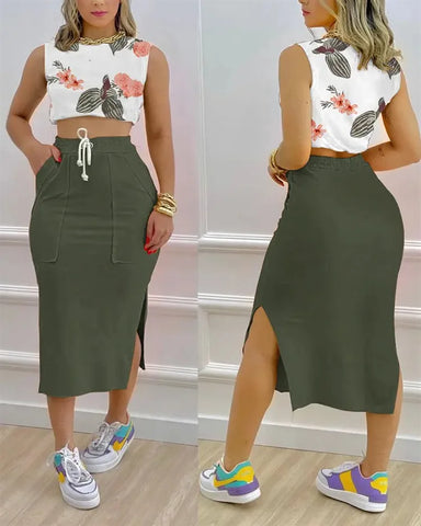 Ladies Casual Crop Top Drawstring Slit Skirt Set Army Green