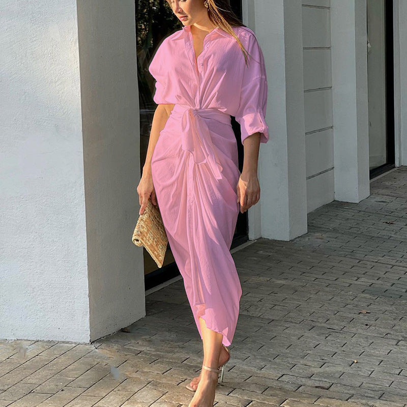 Pink V-Neck Long Sleeve Beach Maxi Dress