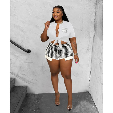 White Plus Size Striped Women'S Outfit