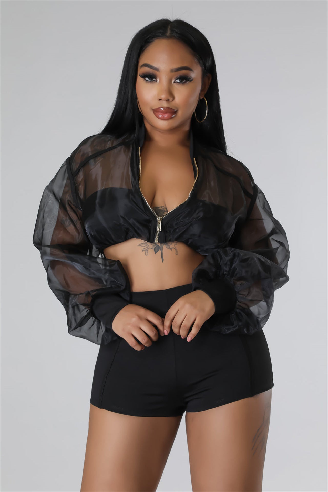 Black Transparent Mesh Crop Top and Ladies  Shorts Set