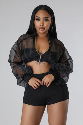 Black Transparent Mesh Crop Top and Ladies  Shorts Set
