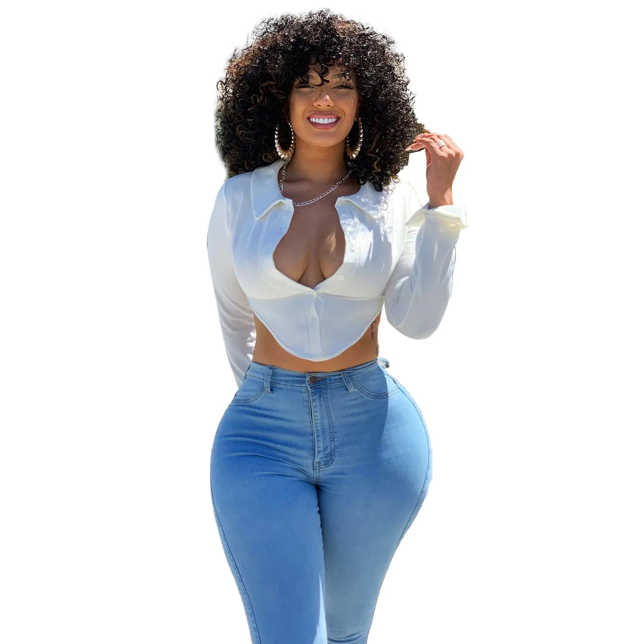 Long Sleeves Crop Top with Deep V-Neck