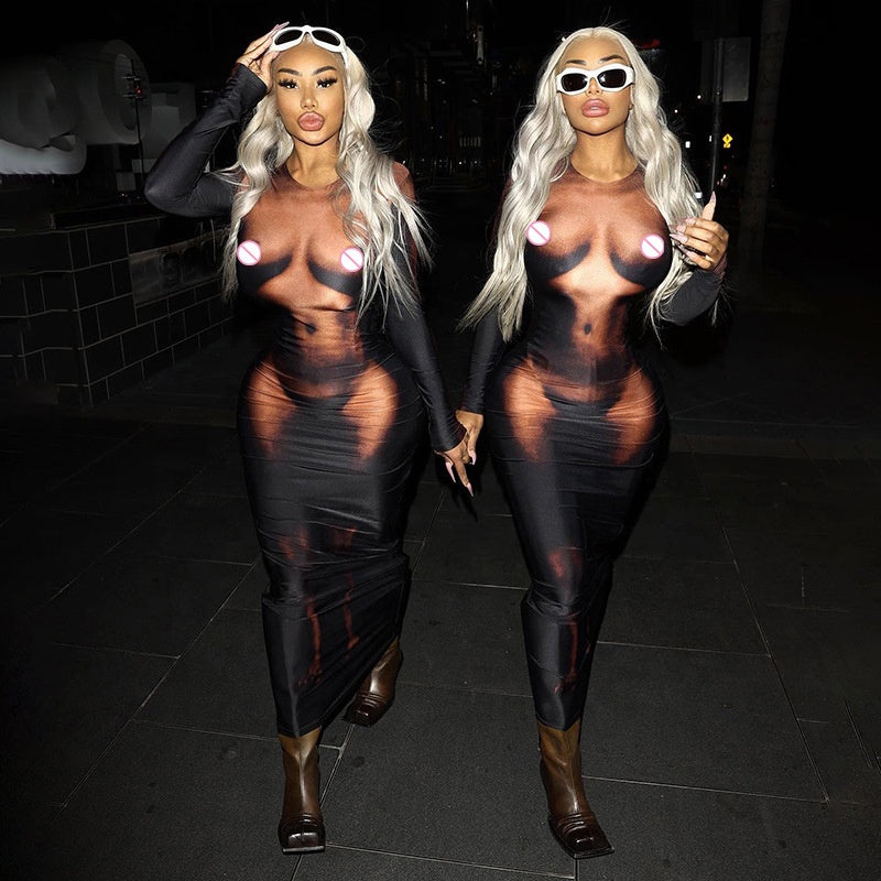 Peek-a-Boo Body Print Dress Black