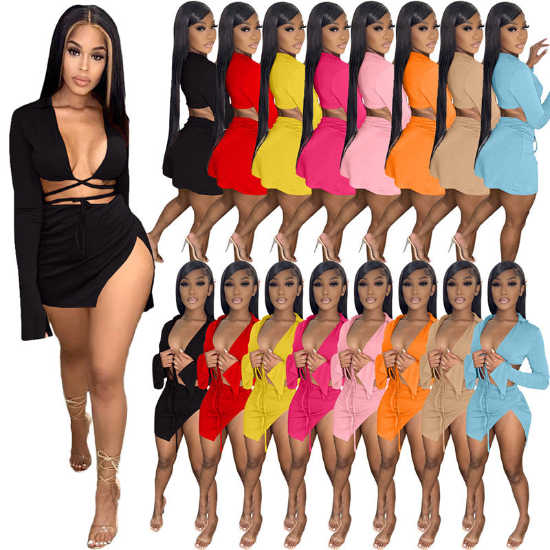 Ladies Two Piece Solid Color Dress Set