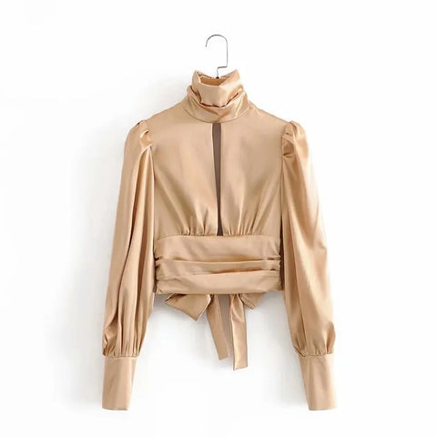 Long Sleeve Turtleneck Satin Crop Top Blouse