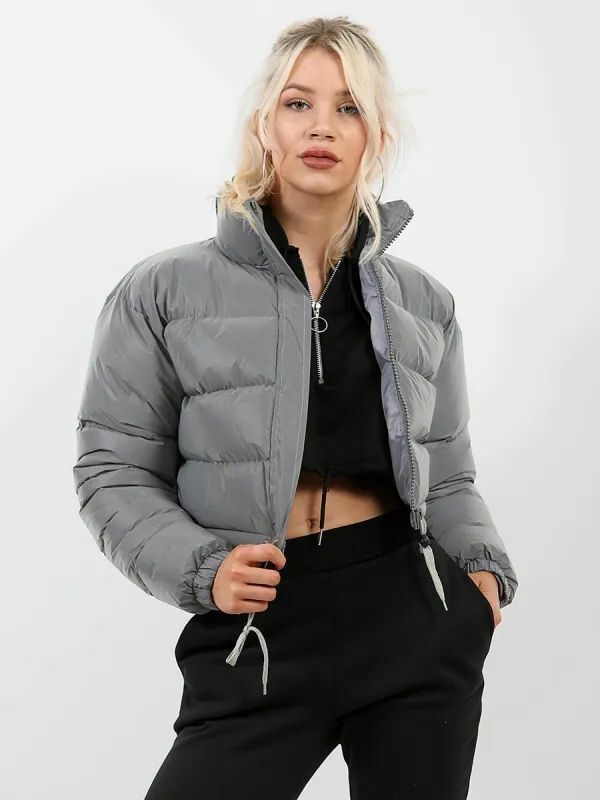 Warm Puffer Crop Top Jacket Gray