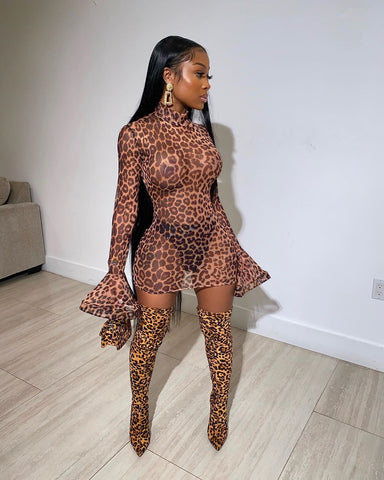 Leopard Printed Long Flare Sleeve Mini Dress | Cultureheaven.com