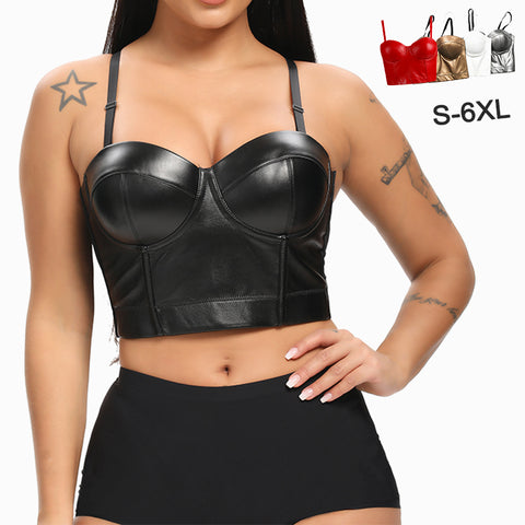 Plus Size Black Faux Leather Push Up Bras Lenceria Fajas Steampunk Gothic Women Bustier BodiceTops Sexy Corset Crop Top