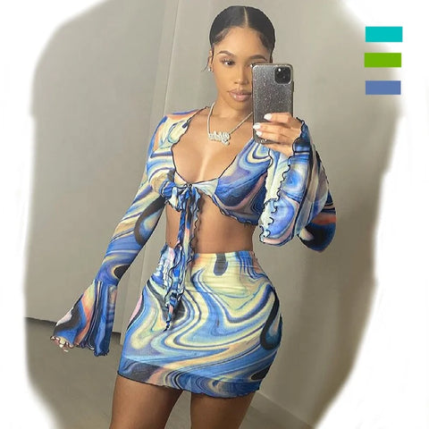 Summer Irregular Digital Print Casual Skirt Set