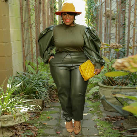 Army Green Plus Size Leather Trumpet Sleeve Outfit