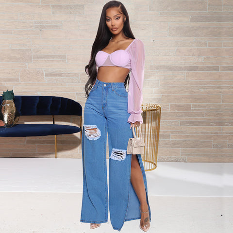 Denim Long Wide-Leg Trouser Pants