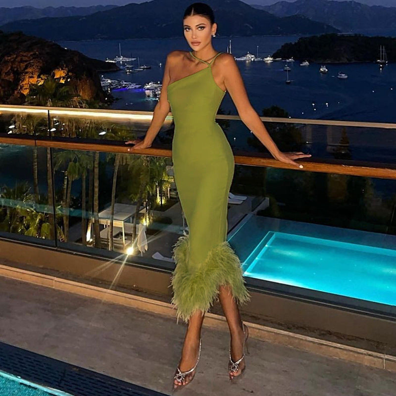 Evie Feather Bottom Dress Green