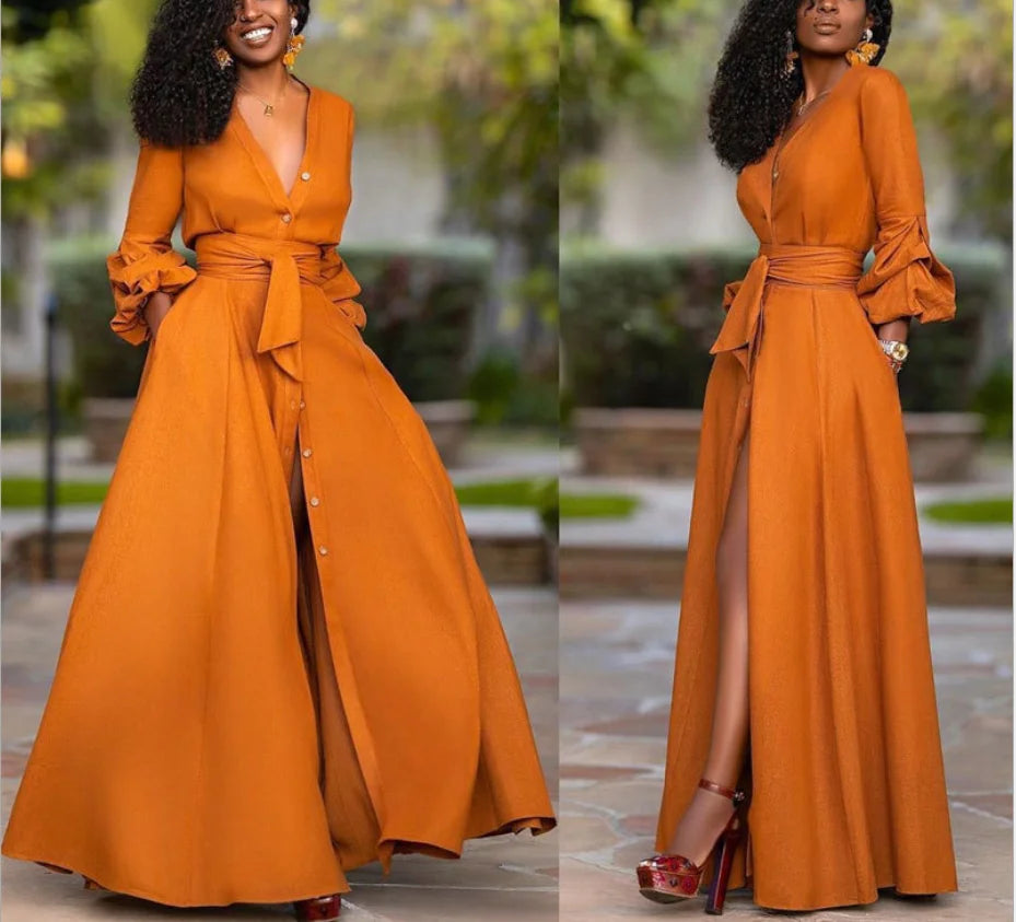 Orange V-Neck Front Slit Casual Dress with Belt