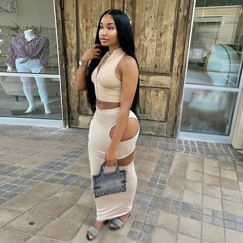 Material Girl Hollow Skirt Set Khaki
