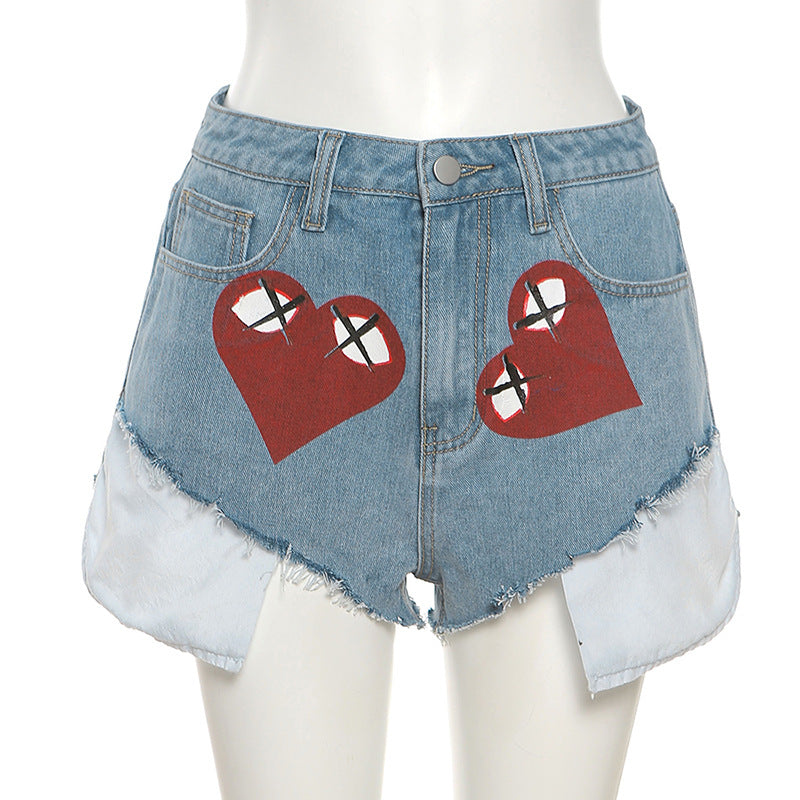 Heart Print Denim Shorts  | Cultureheaven.com