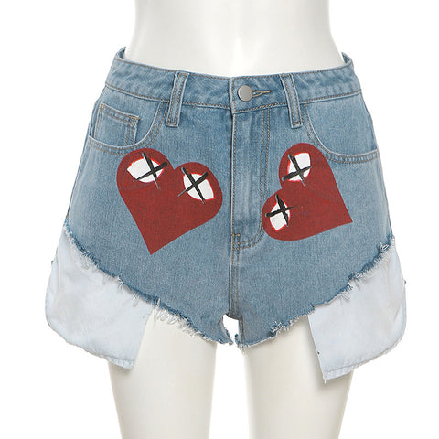 Heart Print Denim Shorts  | Cultureheaven.com