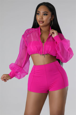 Fuchsia Transparent Mesh Crop Tops and Ladies Biker Shorts Set