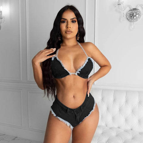Bikini Zipper Tassel Solid Drawstring Denim Bra and Short Set