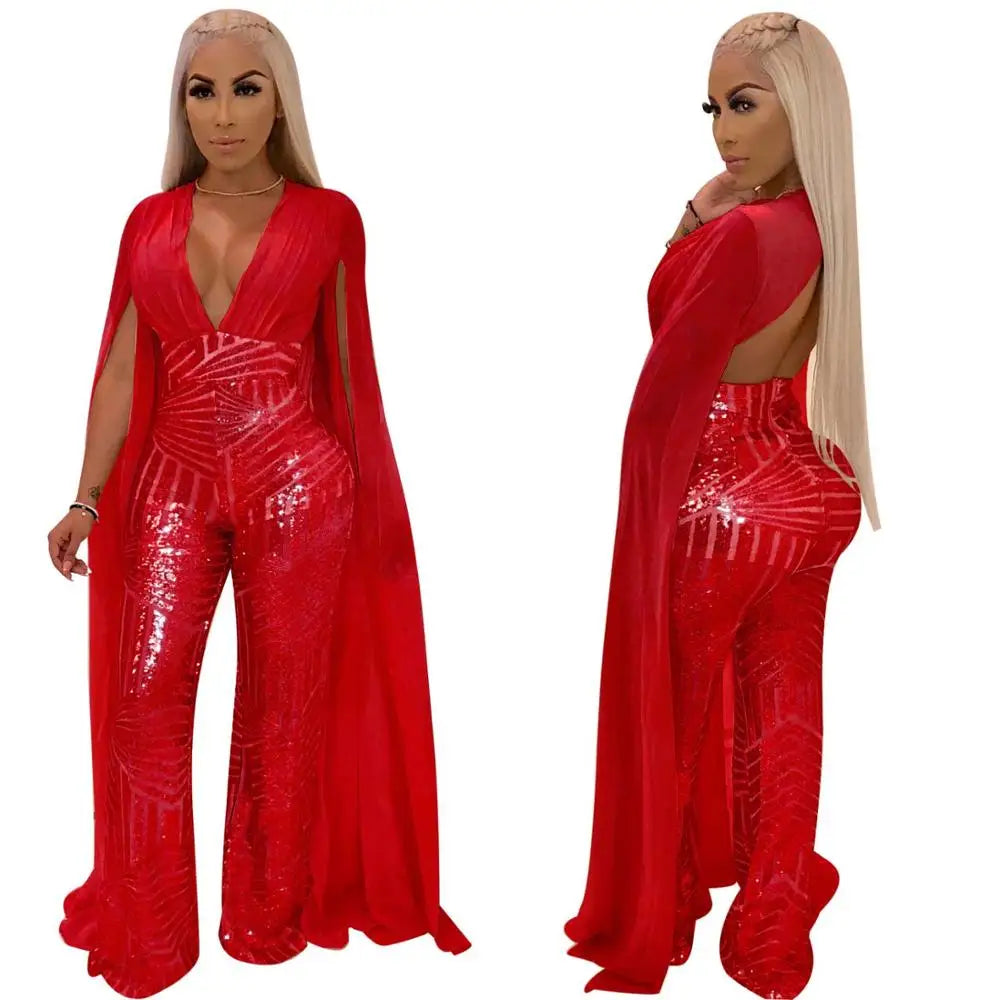 Red Split Sleeve Hollow Back Plus Size Jumpsuit