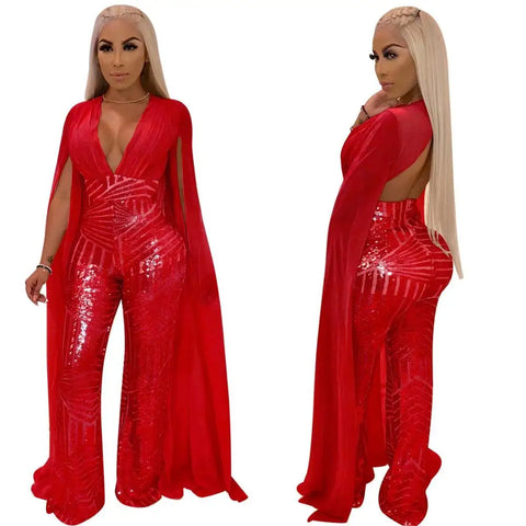 Red Split Sleeve Hollow Back Plus Size Jumpsuit