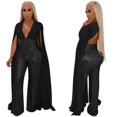 Black Split Sleeve Hollow Back Plus Size Jumpsuit