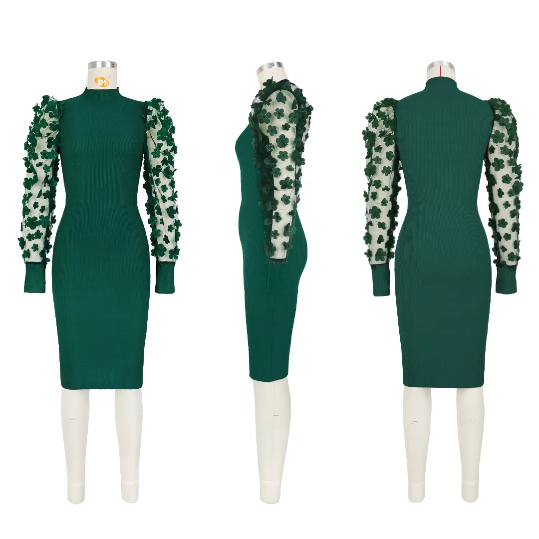 Green  Tiffany Tulle Sleeve Bodycon Midi Dresses