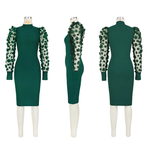 Green  Tiffany Tulle Sleeve Bodycon Midi Dresses