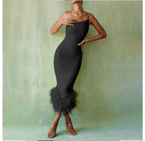 Evie Feather Bottom Dress black