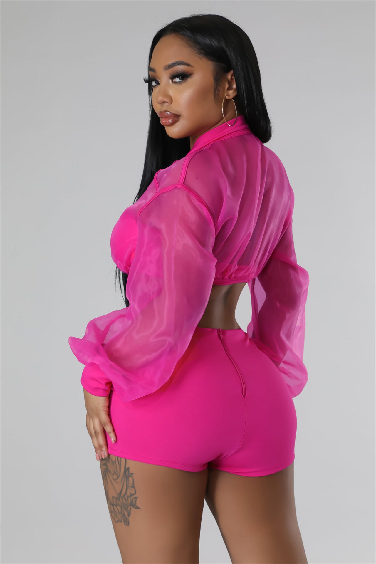 Fuchsia Transparent Mesh Crop Tops and Ladies Biker Shorts Set