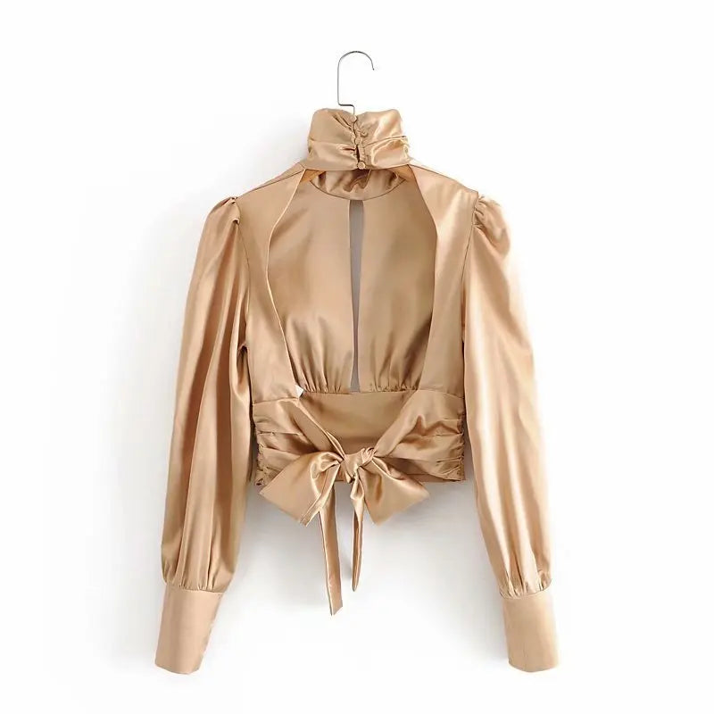 Long Sleeve Turtleneck Satin Top