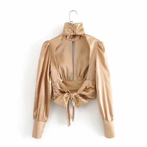 Long Sleeve Turtleneck Satin Top