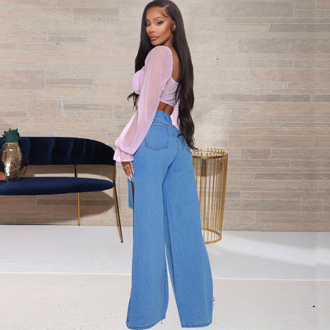 Denim Long Wide-Leg Trouser Pants