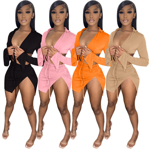 Ladies Two Piece Solid Color Dress Set