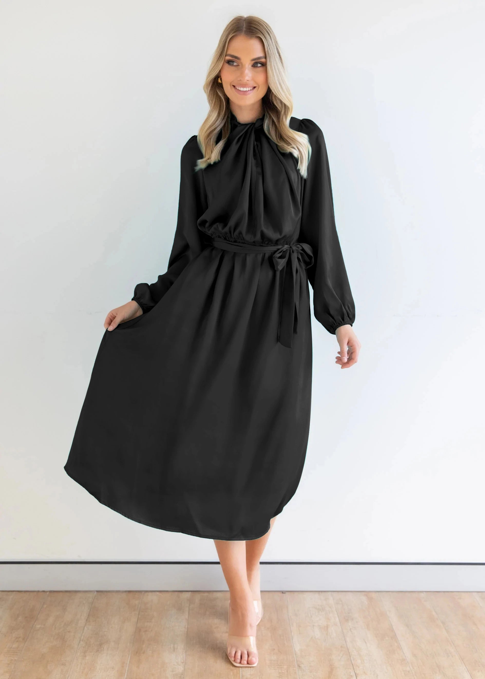 Black Lantern Sleeve Satin Evening Dress