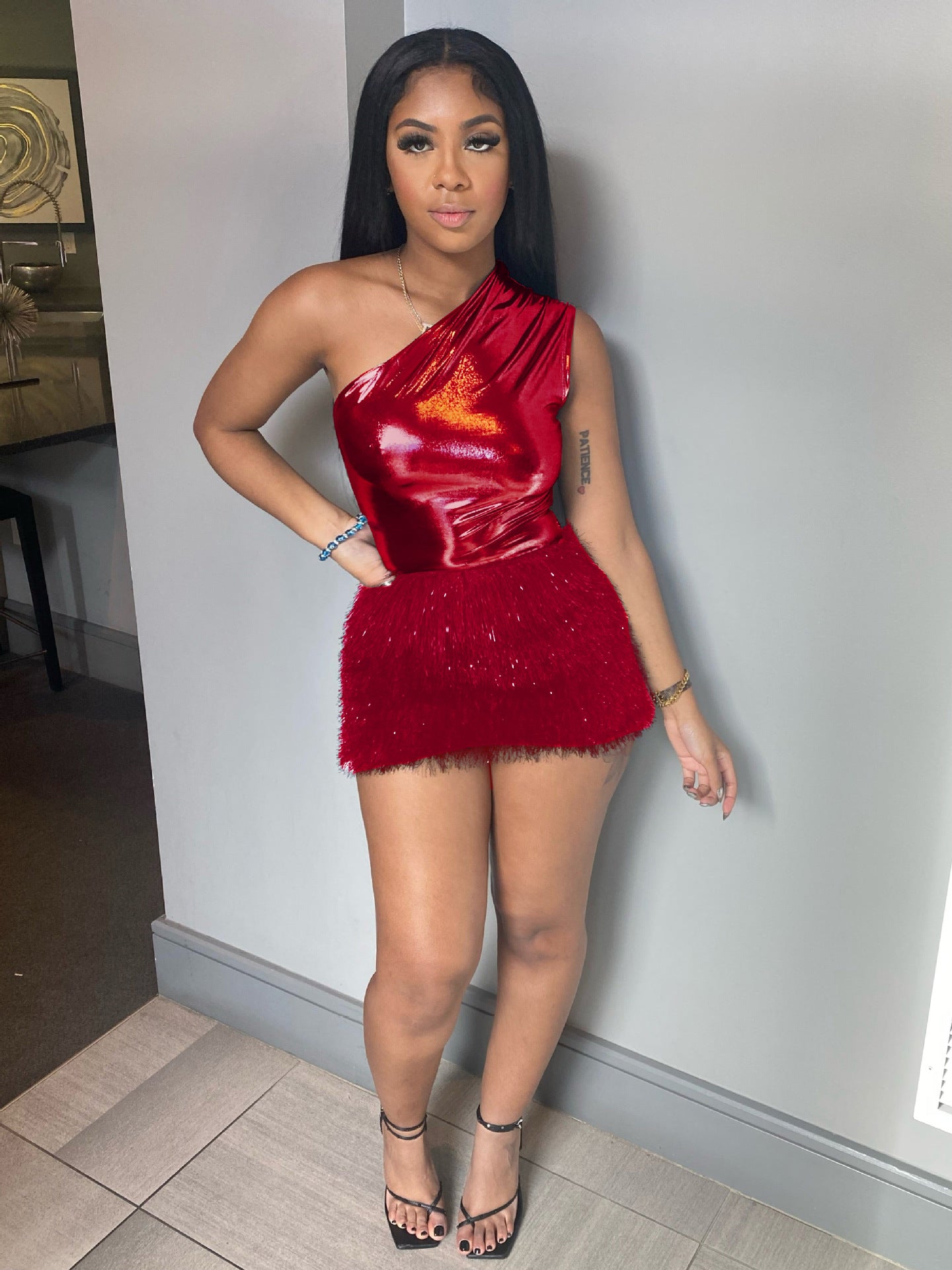 Red Olivia Shiny Tops Micro Fringe Skirt Set