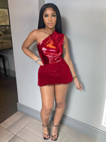 Red Olivia Shiny Tops Micro Fringe Skirt Set