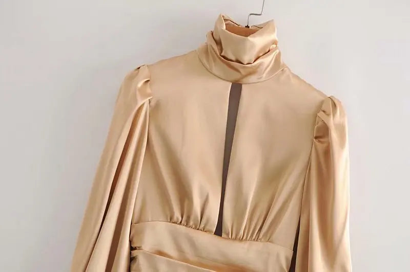 Long Sleeve Turtleneck Satin Top