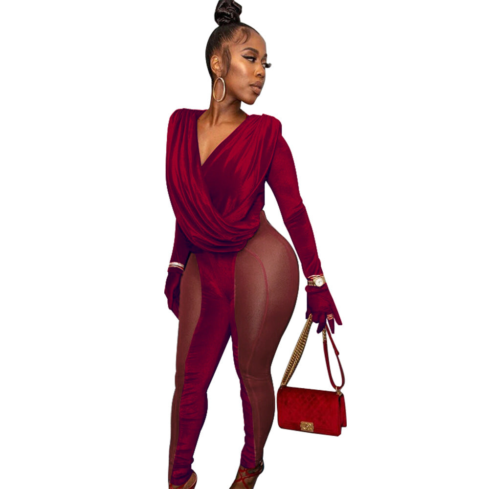 Red Mesh Stitching Women Jumpsuit