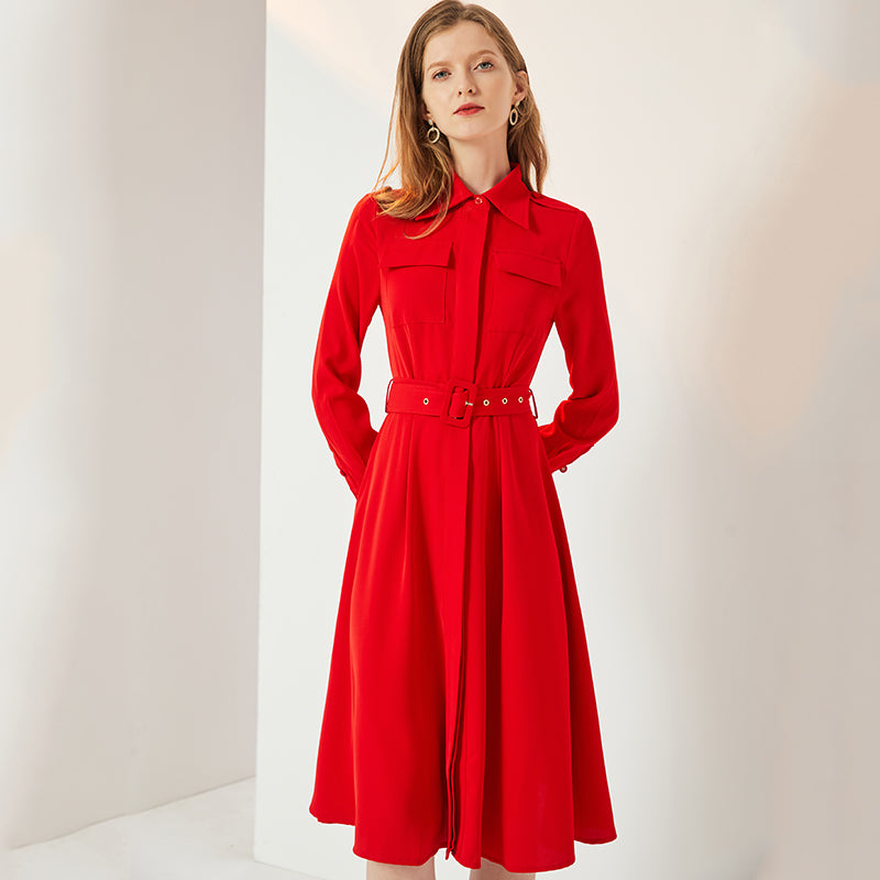 Red Casual Long-sleeved Solid Color Dress