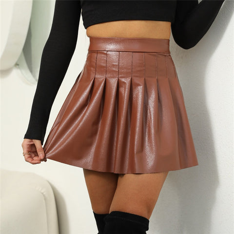 brown PU leather pleated skirt