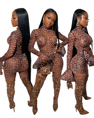 Leopard Printed Long Flare Sleeve Mini Dress | Cultureheaven.com