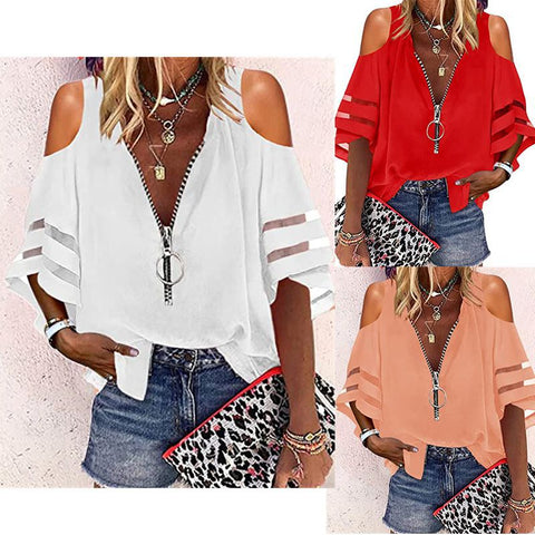 V-neck Zip-up Half-flare Sleeve Tops | Cultureheaven.com