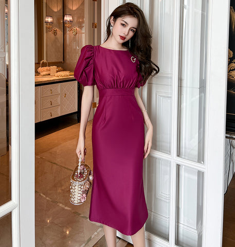 Women First Lady Puff Sleeve Dress Plum
