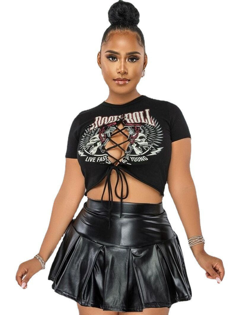 Hollow Out Bandage Print Tshirt PU Short Skirt | Cultureheaven.com