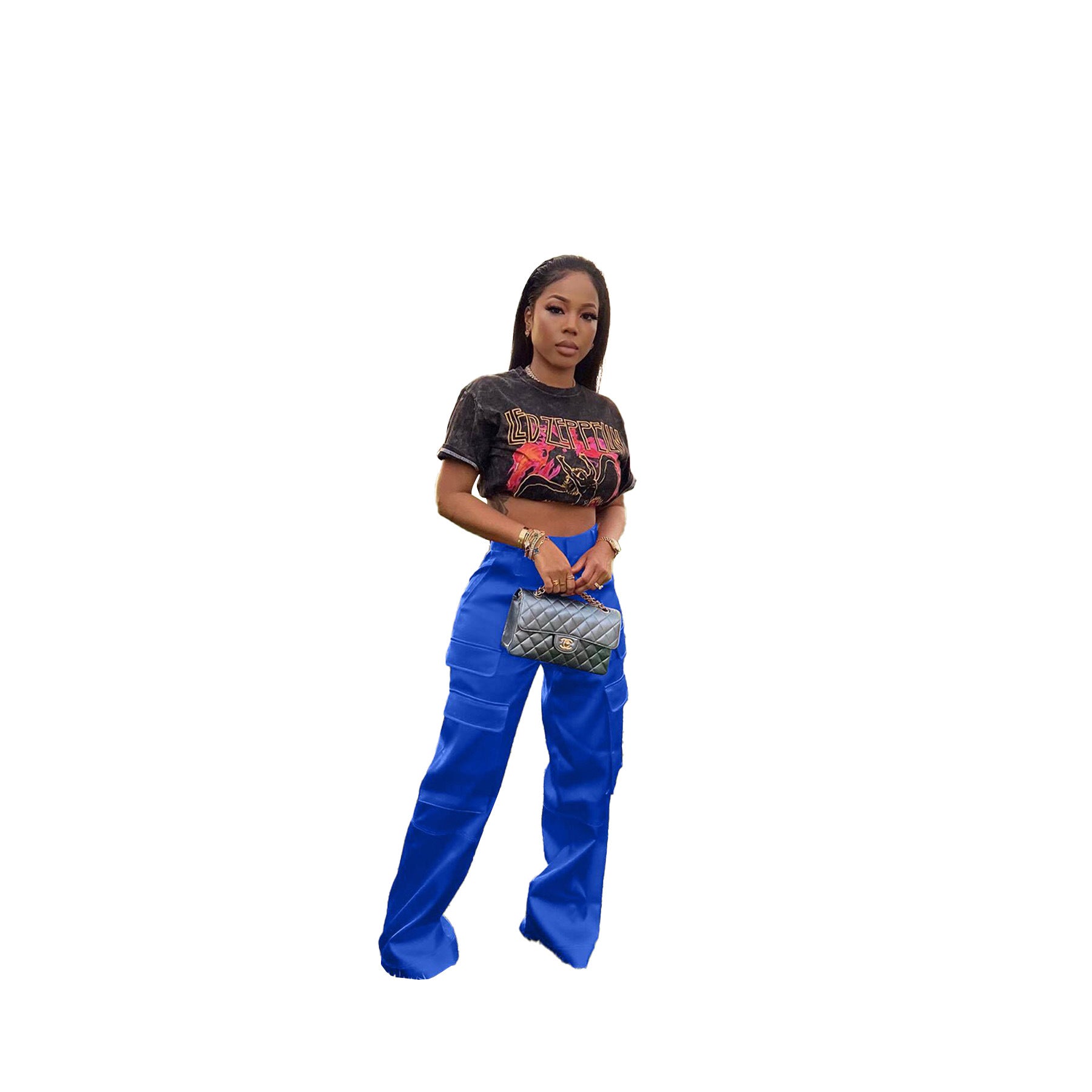 Chic Cargo Solid Color Trousers Blue