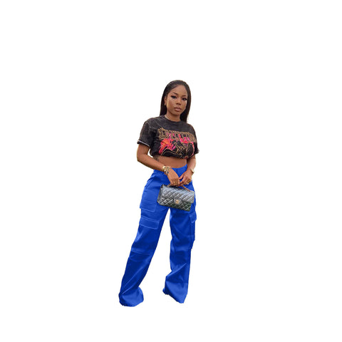 Chic Cargo Solid Color Trousers Blue