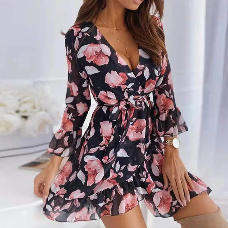 Floral Print Chiffon Casual Dresses Black