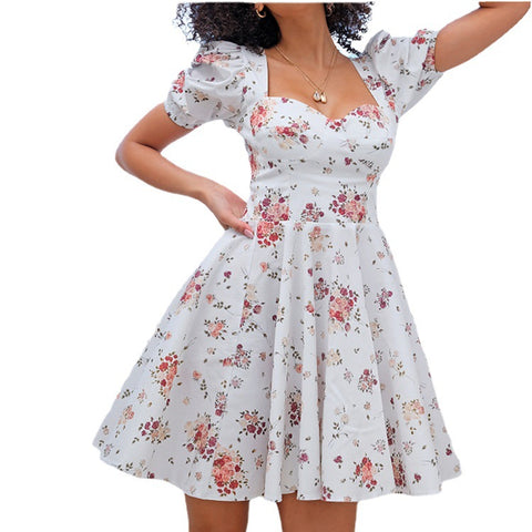 White Floral Print Puff Sleeve Summer Dress