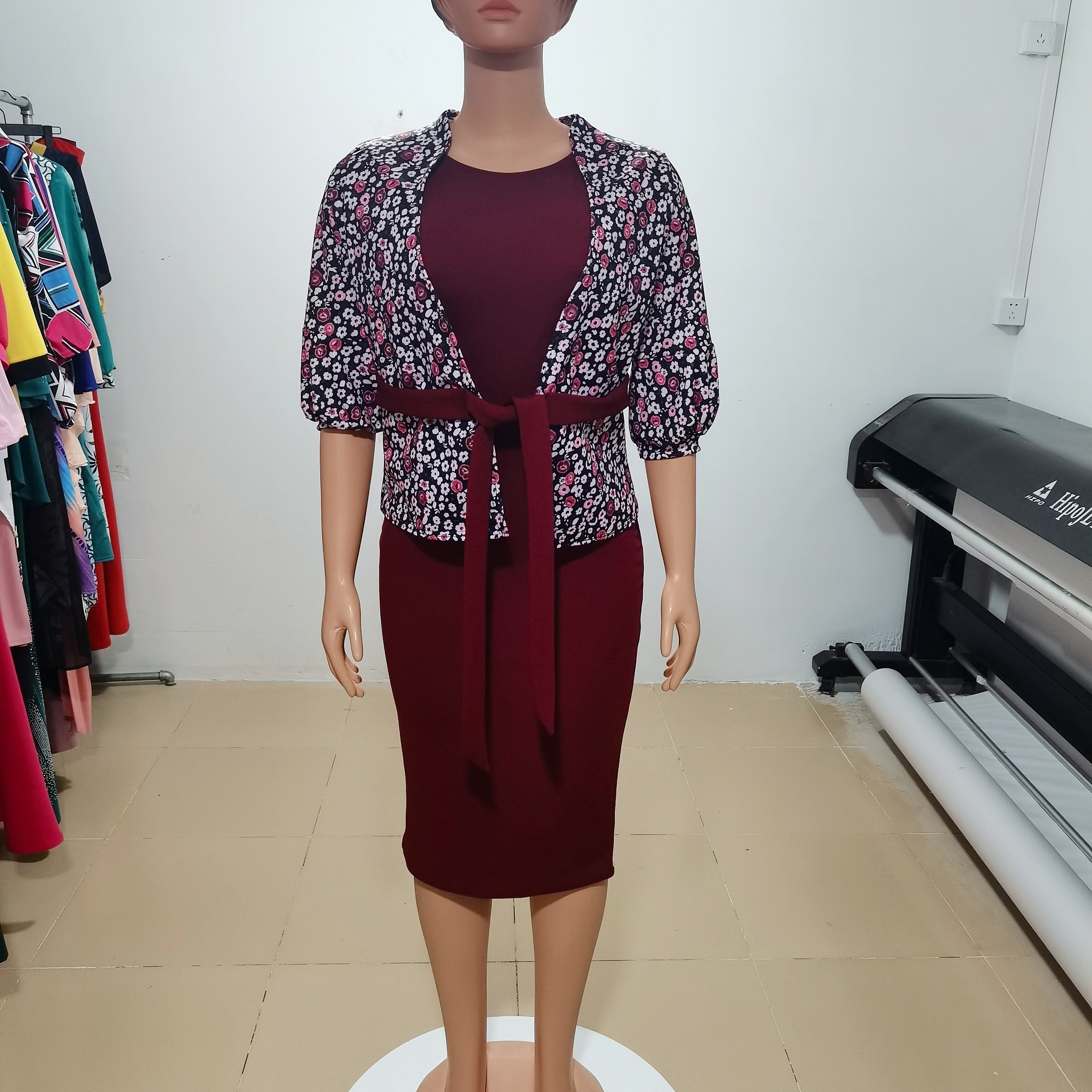 Floral Collection Office Dress Burgundy